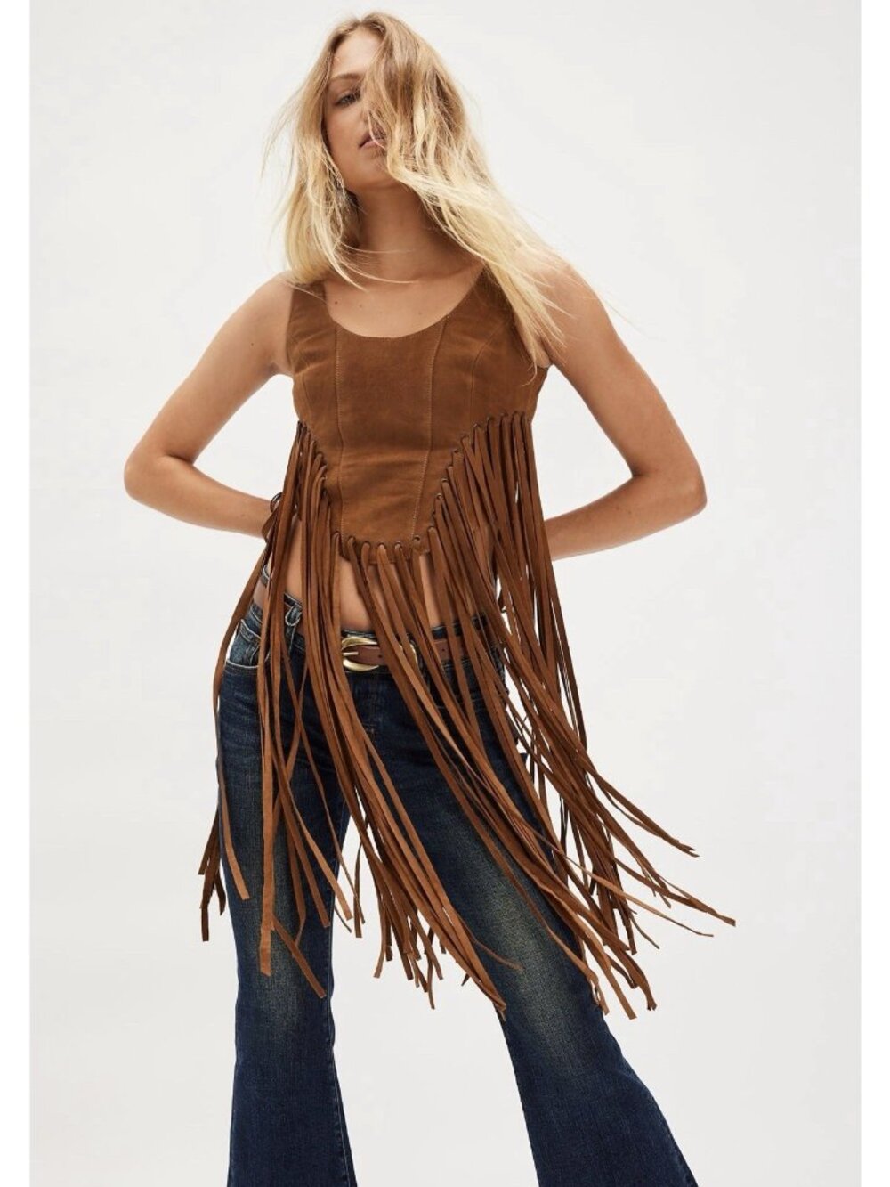 Free People Leather Fringe Tank Top Brown Goat Suede Western Boho Size M NWT